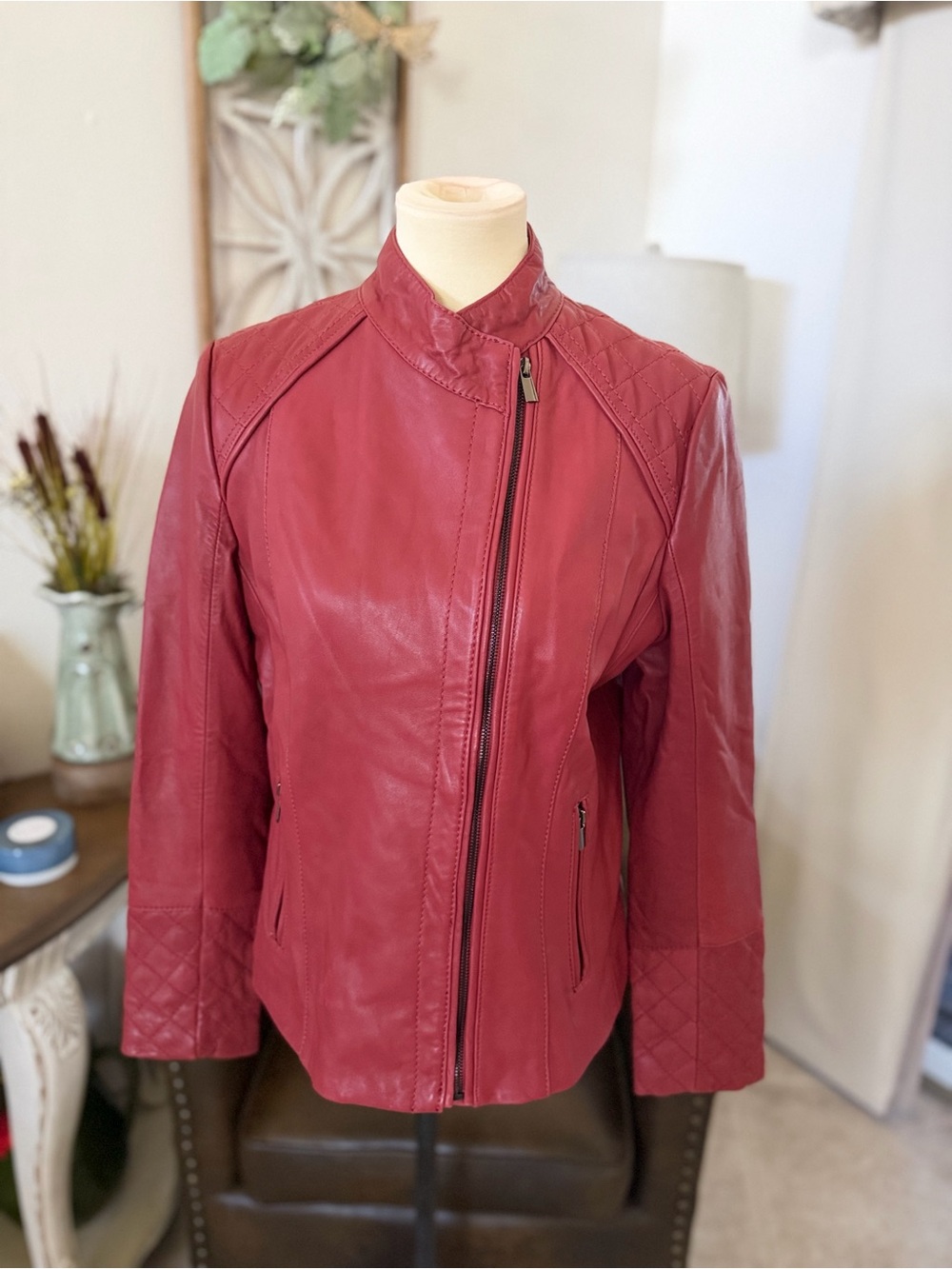 Neiman Marcus Women's Crimson Leather Zip-Front Jacket